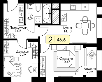 Двухкомнатная квартира № 233 