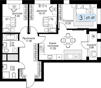 Трехкомнатная квартира № 157 
