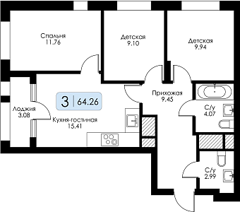 Трехкомнатная квартира № 108 
