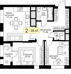 Двухкомнатная квартира № 259 