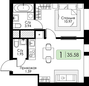 Однокомнатная квартира № 268 